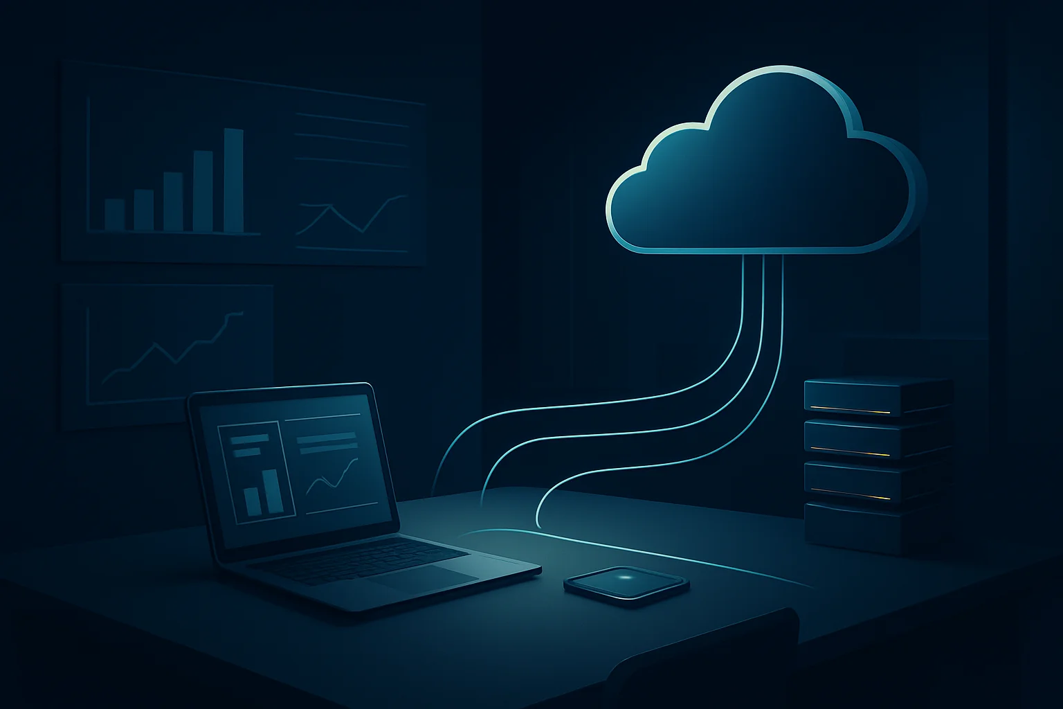 Illustration d'un poste de travail connecté à une infrastructure cloud représentant l'exécution continue d'agents IA et la supervision des workflows depuis le web et le mobile.