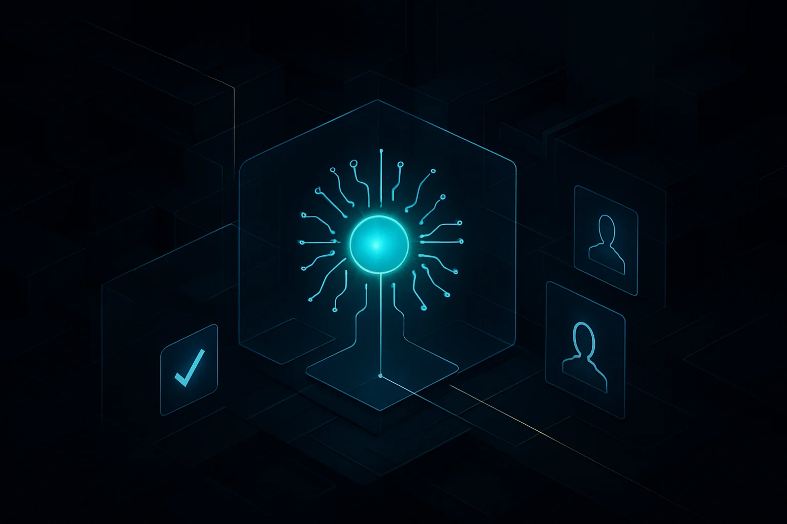 Un agent IA connecté à un environnement technique, entouré de frontières de sécurité et de points de contrôle symbolisant permissions, isolation et validation humaine.