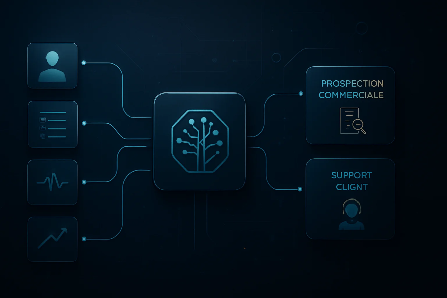 Flux de données CRM alimentant des agents IA pour la prospection et le support, dans un environnement business bleu nuit