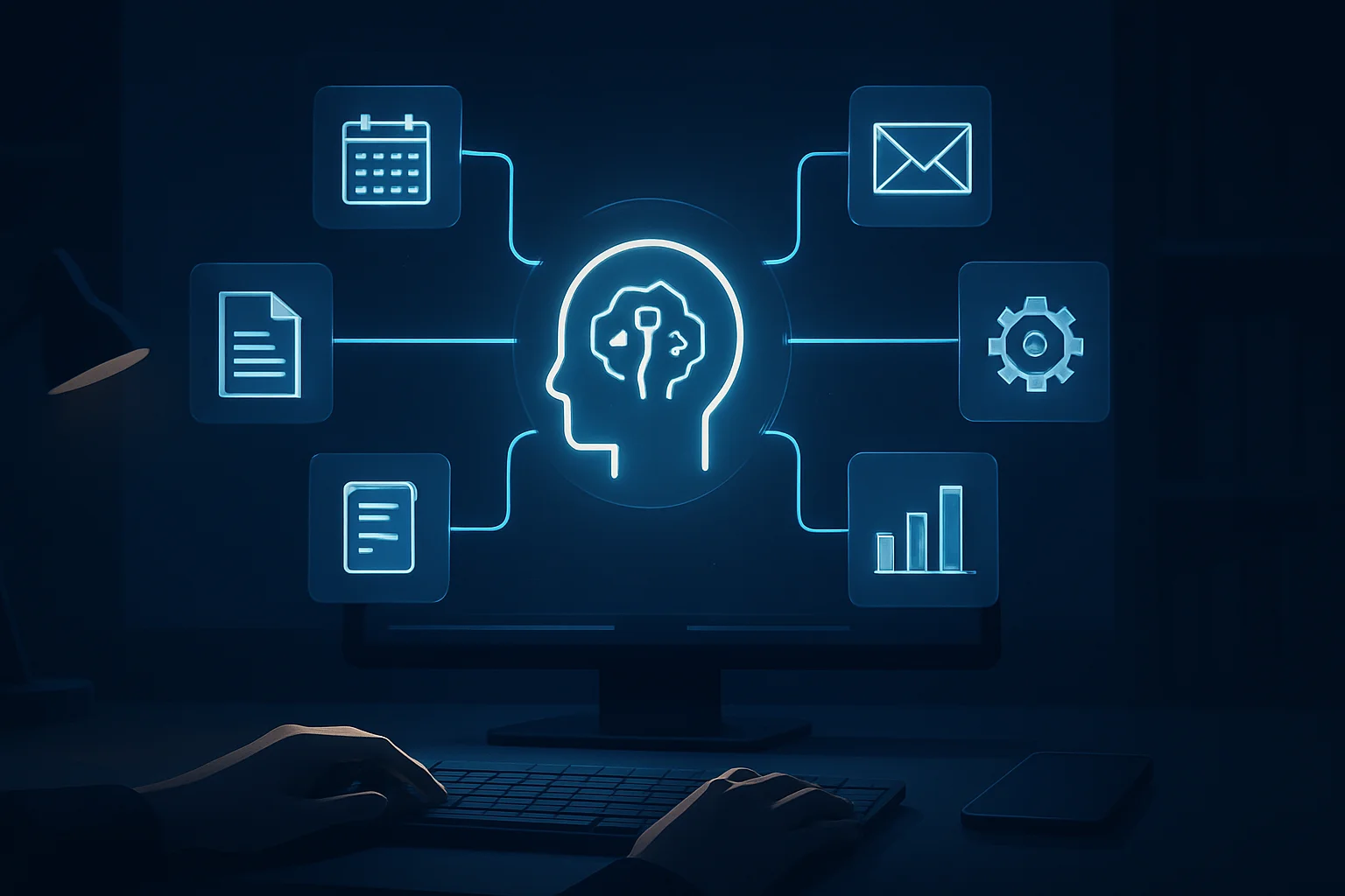 Illustration d’un agent IA orchestrant des workflows entre plusieurs applications métier dans un environnement de travail numérique.
