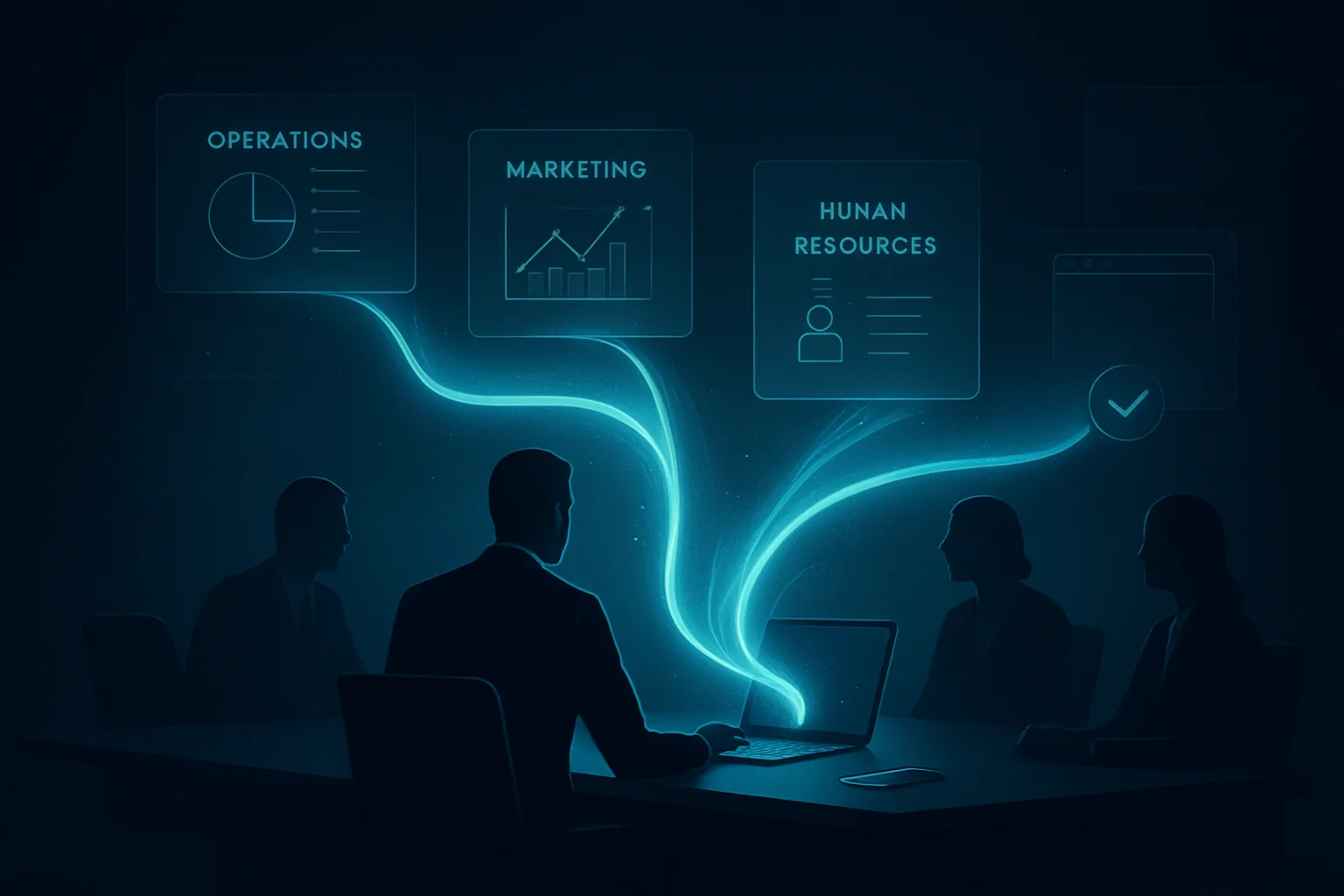 Illustration d'un agent IA reliant plusieurs fonctions métier dans une entreprise avec synchronisation entre appareils et validation humaine dans un environnement business premium.