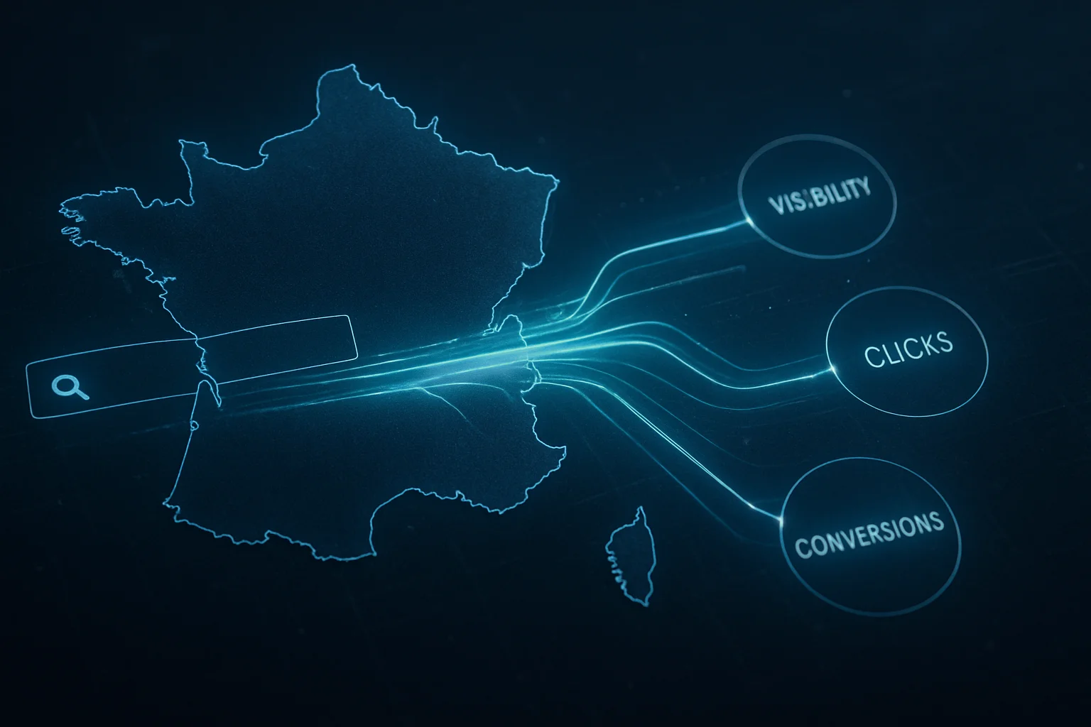 Visualisation abstraite de la redistribution de la visibilité, des clics et des conversions SEO en France face aux expériences de recherche IA