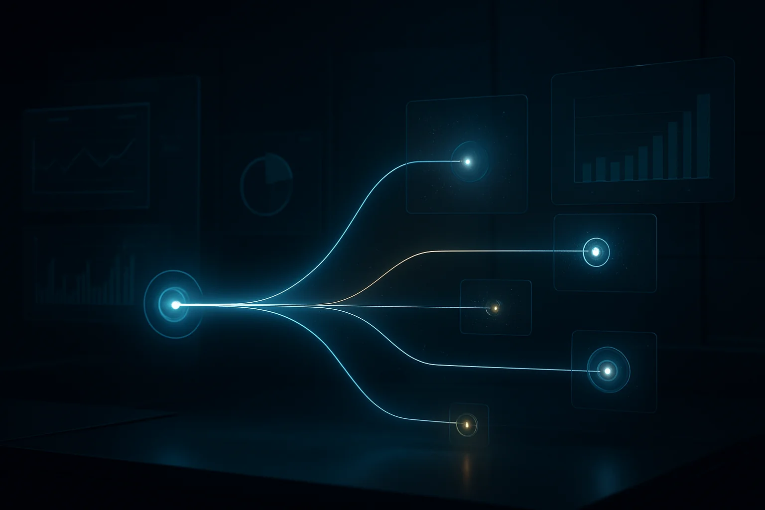 Visualisation abstraite du parcours entre visibilité dans les réponses IA, clics et conversions SEO