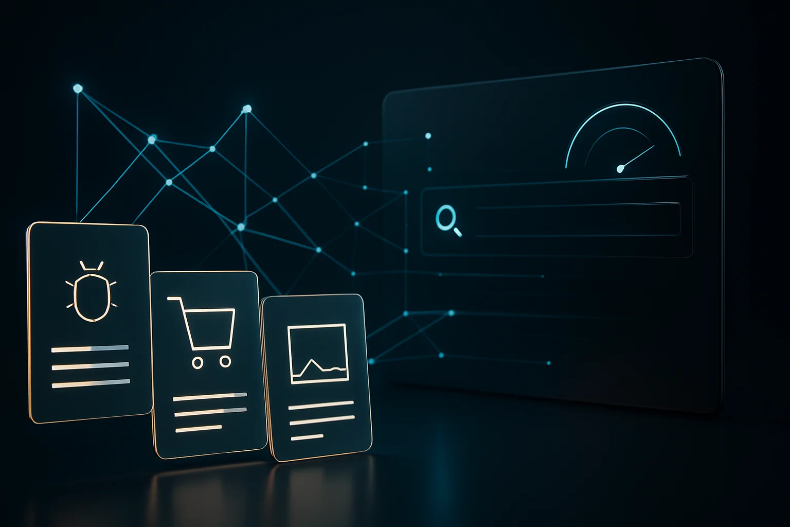 Visualisation abstraite d’un signal de demande produit reliant un catalogue e-commerce à la recherche IA de Google