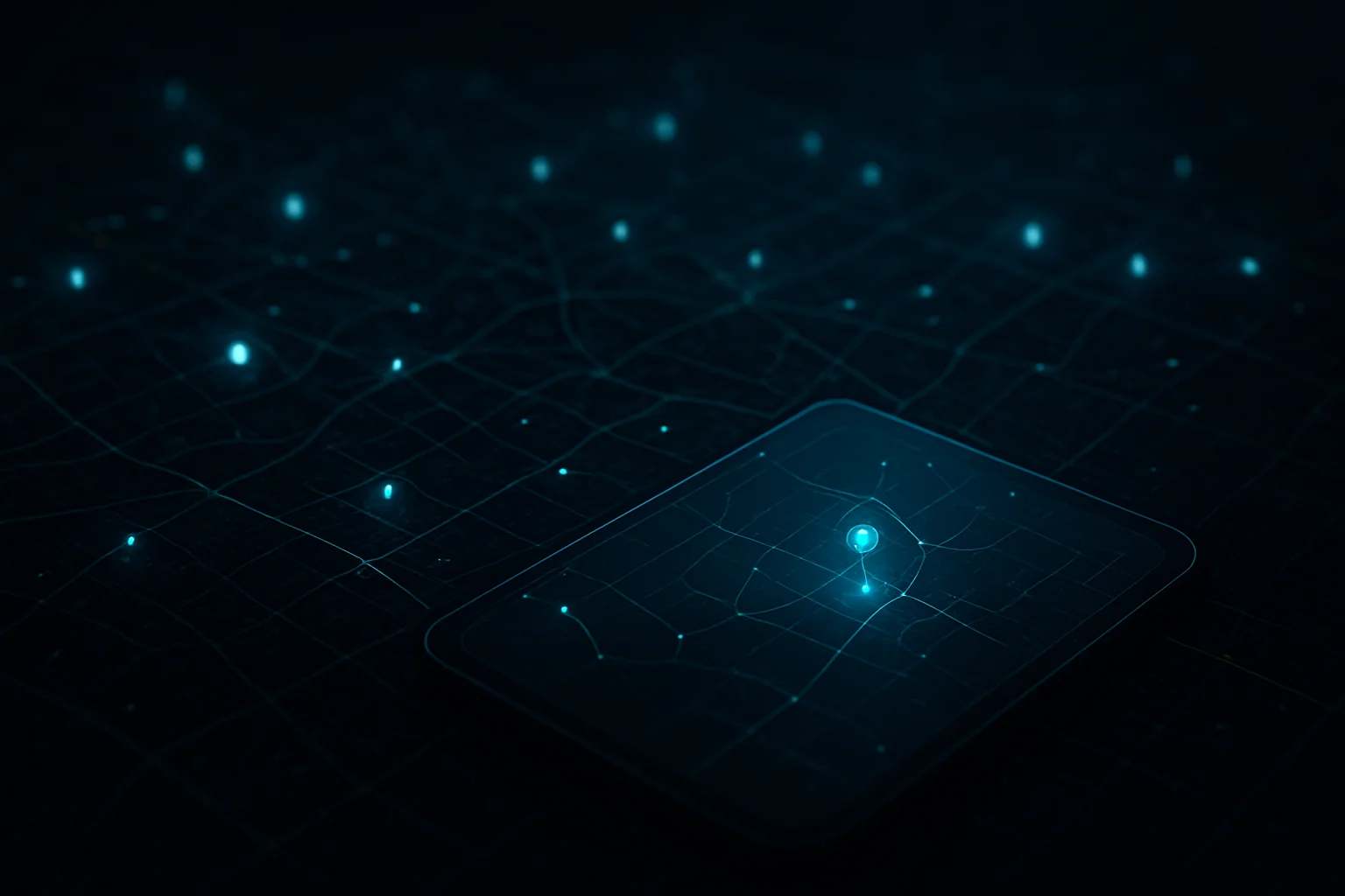 Carte numérique abstraite montrant des établissements physiques et des points de données, symbolisant la préparation d’Apple Maps Ads pour l’acquisition locale.
