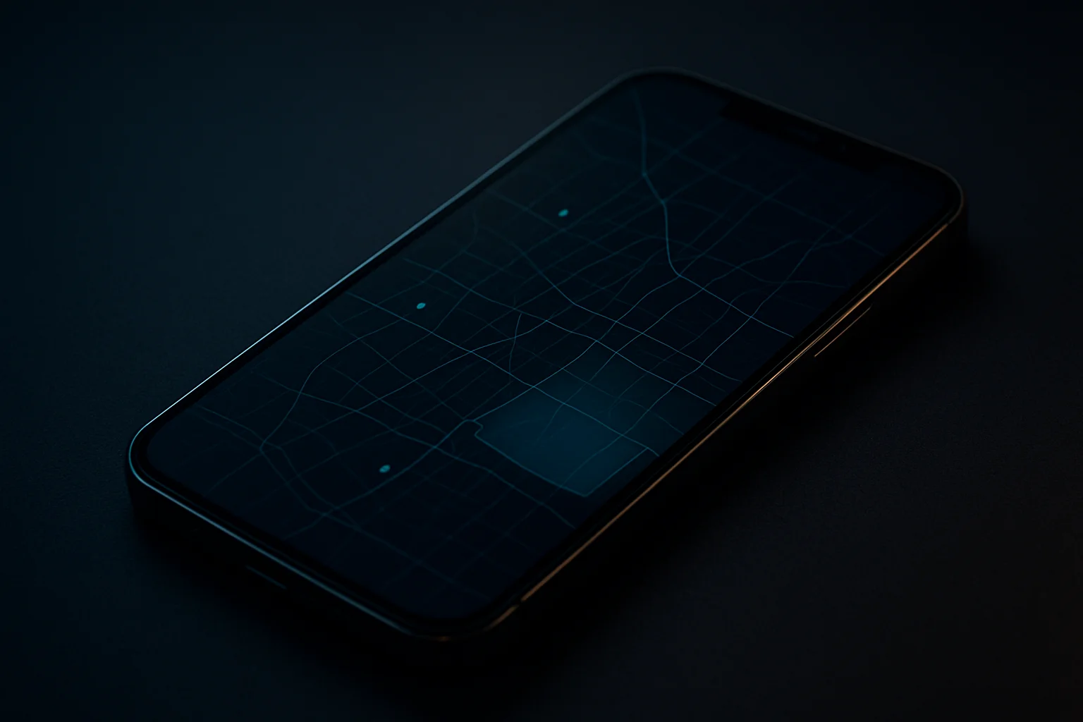 Smartphone affichant une carte urbaine abstraite avec des repères lumineux, symbolisant un nouveau canal d’acquisition locale sur Apple Plans.