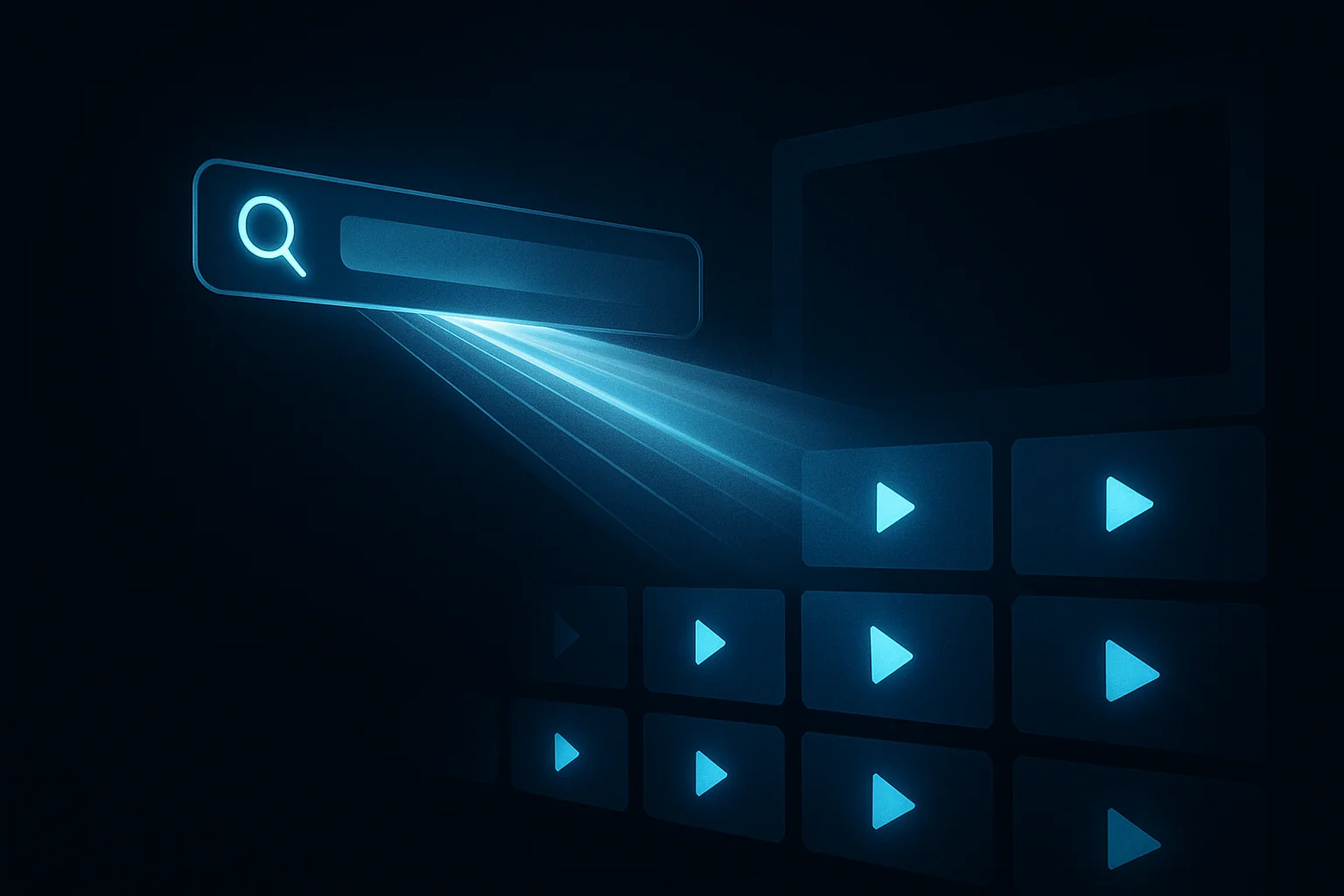 Illustration abstraite d'une interface de recherche conversationnelle orientant la découverte de contenus vidéo dans un univers technologique premium.