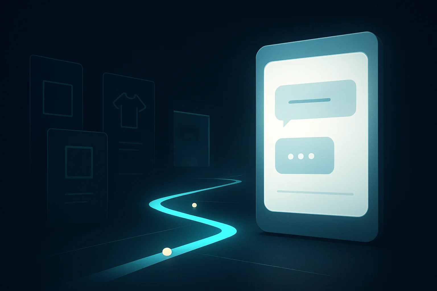 Interface conversationnelle abstraite reliant une marque e-commerce à des options de produits présélectionnées dans un univers bleu nuit.