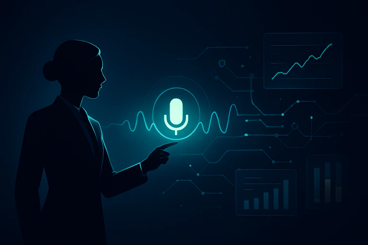 Illustration d'une interface vocale continue connectée à des workflows métier dans un environnement business premium.