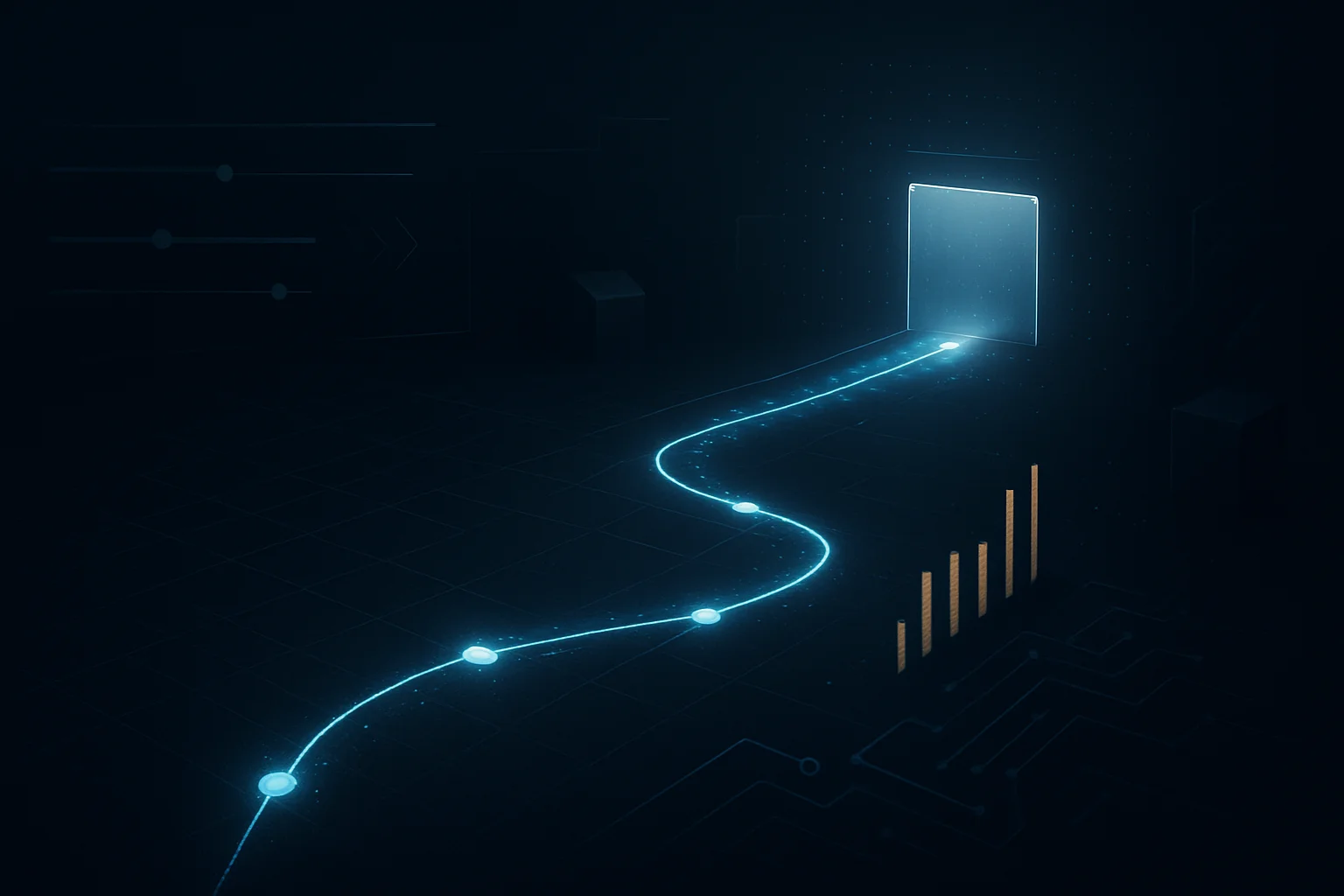 Visualisation abstraite d’un canal ChatGPT Ads en phase de test, entre mesure des conversions, attribution et incertitude sur la rentabilité.