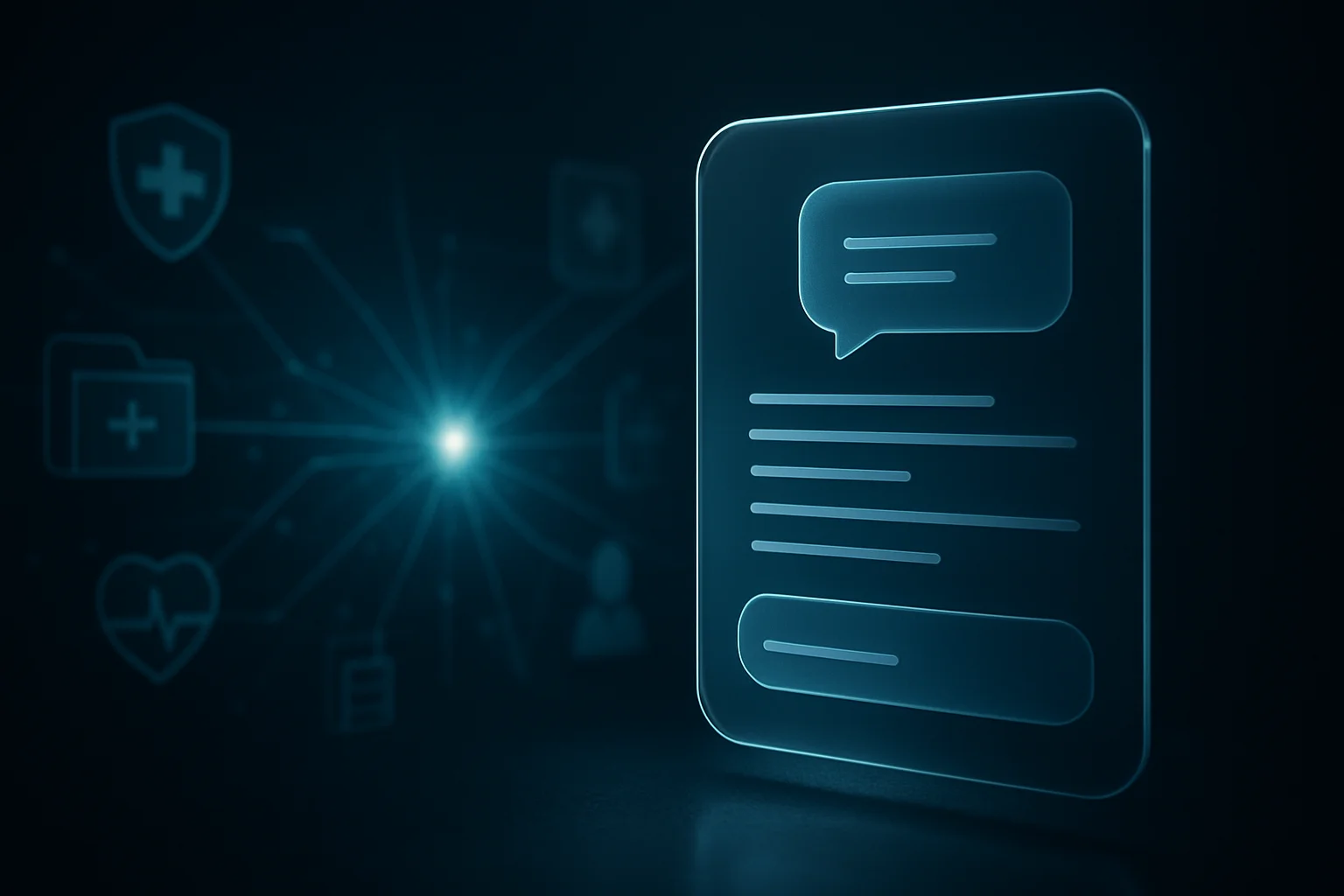 Interface conversationnelle abstraite reliant des données de santé anonymisées à une réponse personnalisée, symbole du nouveau point d’entrée GEO de ChatGPT Health.