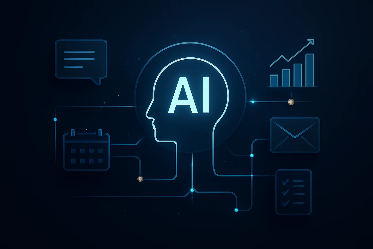 Illustration d'une interface d'IA orchestrant des workflows entre plusieurs applications professionnelles connectées dans un environnement business moderne.