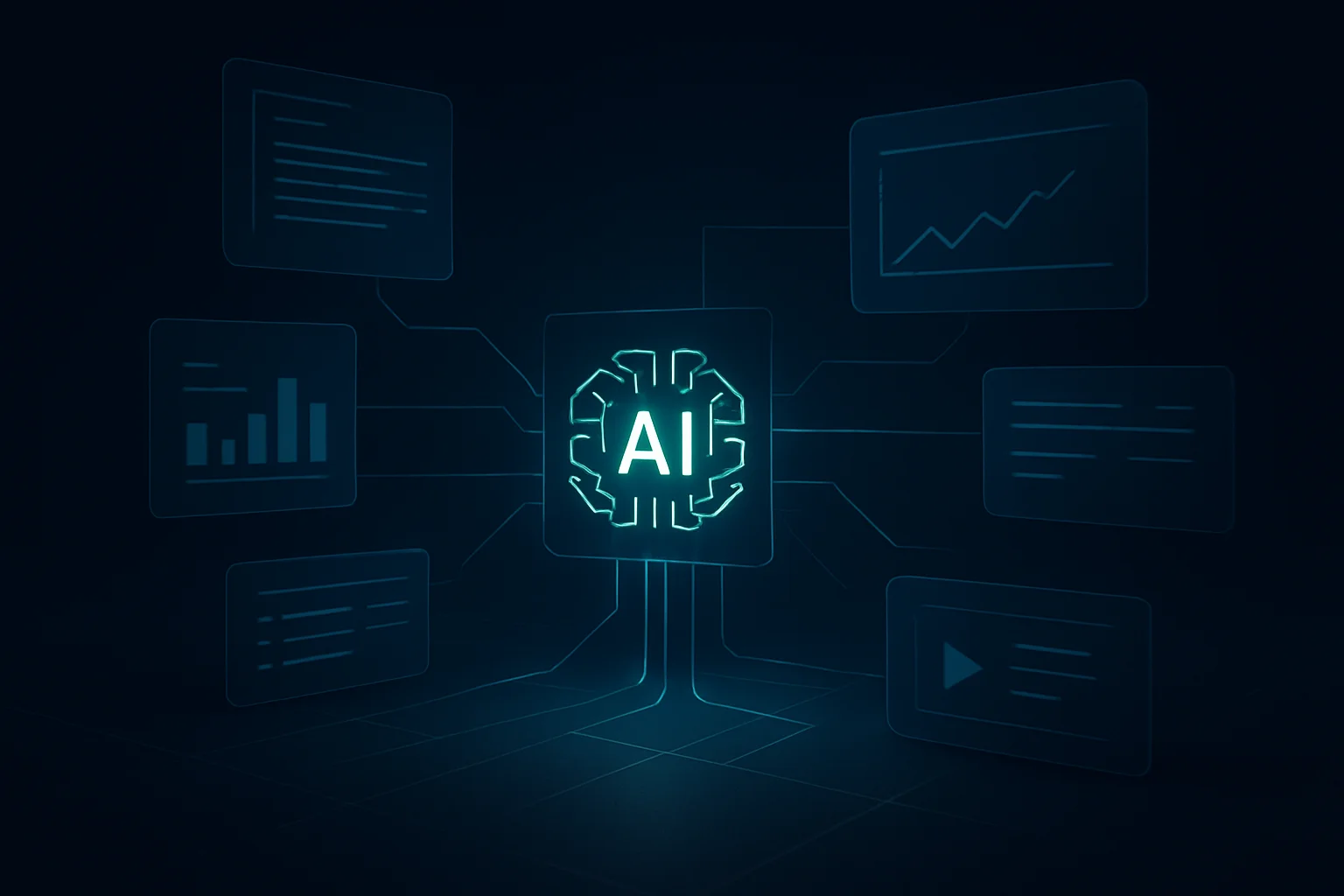 Un agent IA central relie plusieurs outils et flux de travail professionnels dans un environnement numérique abstrait.
