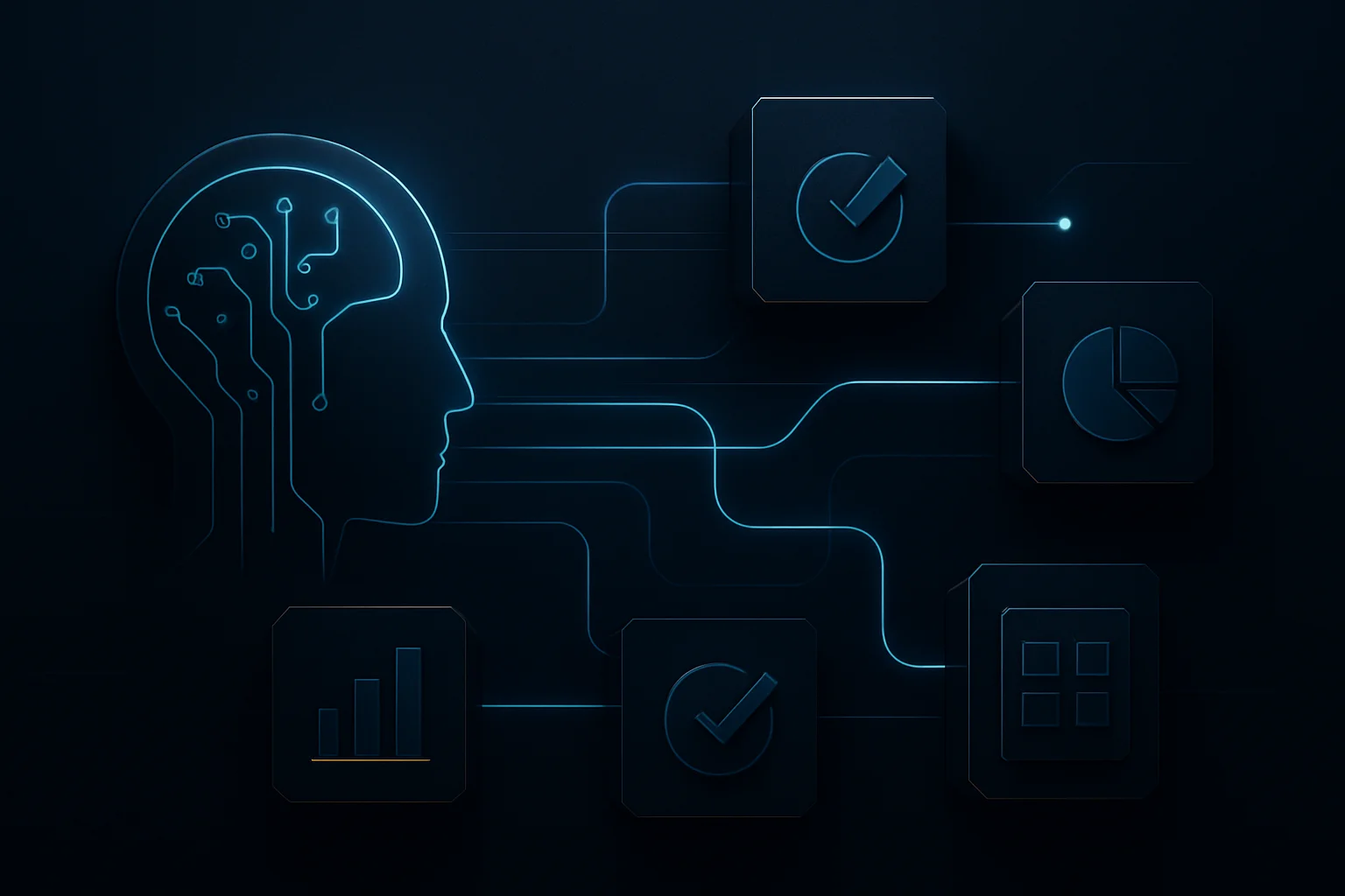 Réseau abstrait de workflows métier pilotés par un agent IA, avec étapes connectées et points de supervision humaine.