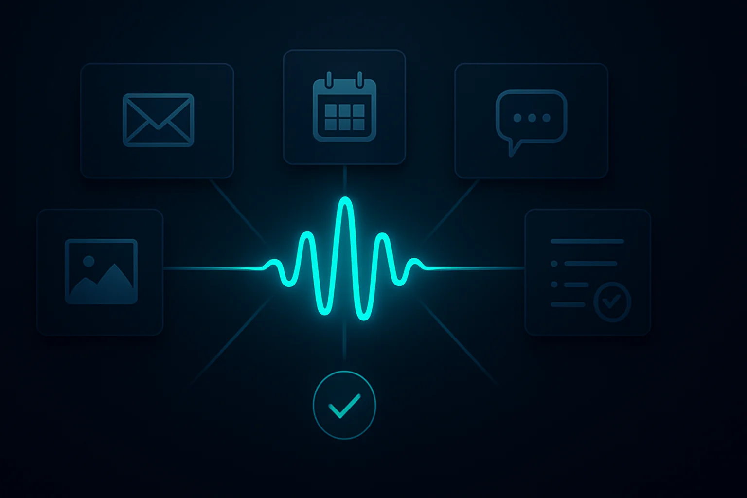 Interface vocale d’IA orchestrant plusieurs workflows professionnels connectés, avec une validation humaine des actions