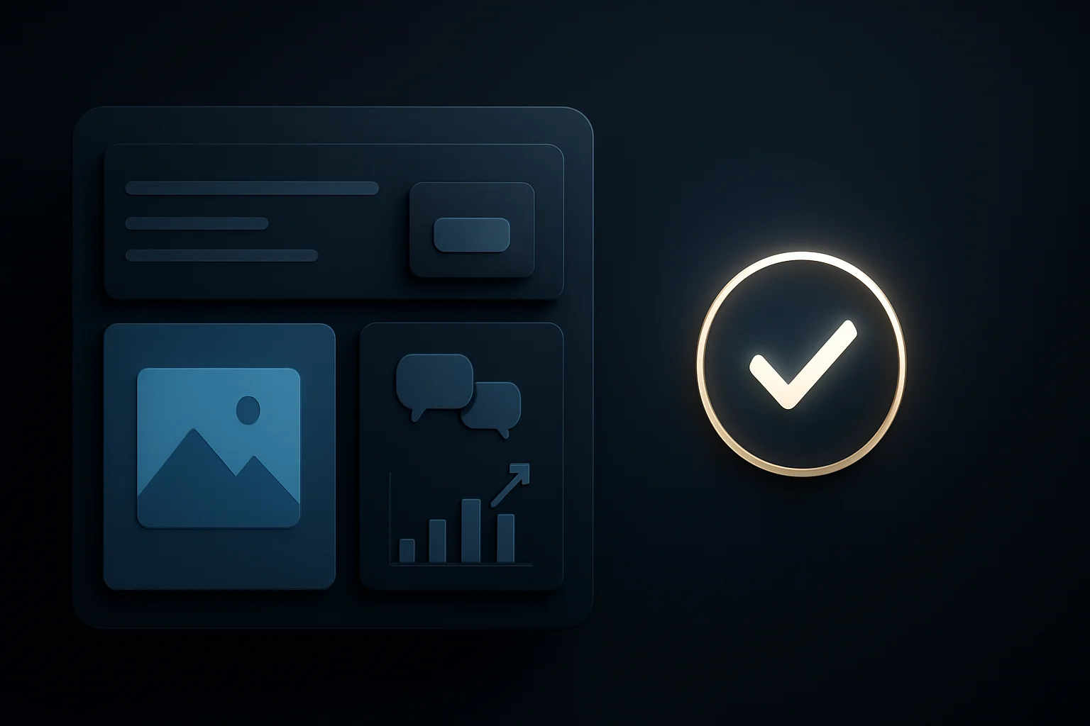 Interface abstraite centralisant annonces, messages et performances de vendeurs, accompagnée d’un symbole d’identité vérifiée pour illustrer l’évolution de Facebook Marketplace.