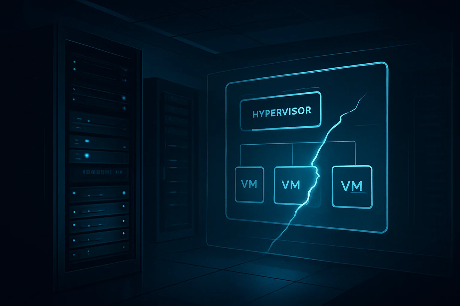 Illustration d'une infrastructure de virtualisation montrant des machines virtuelles et leur hôte avec une vulnérabilité symbolisée sur la couche d'hyperviseur.