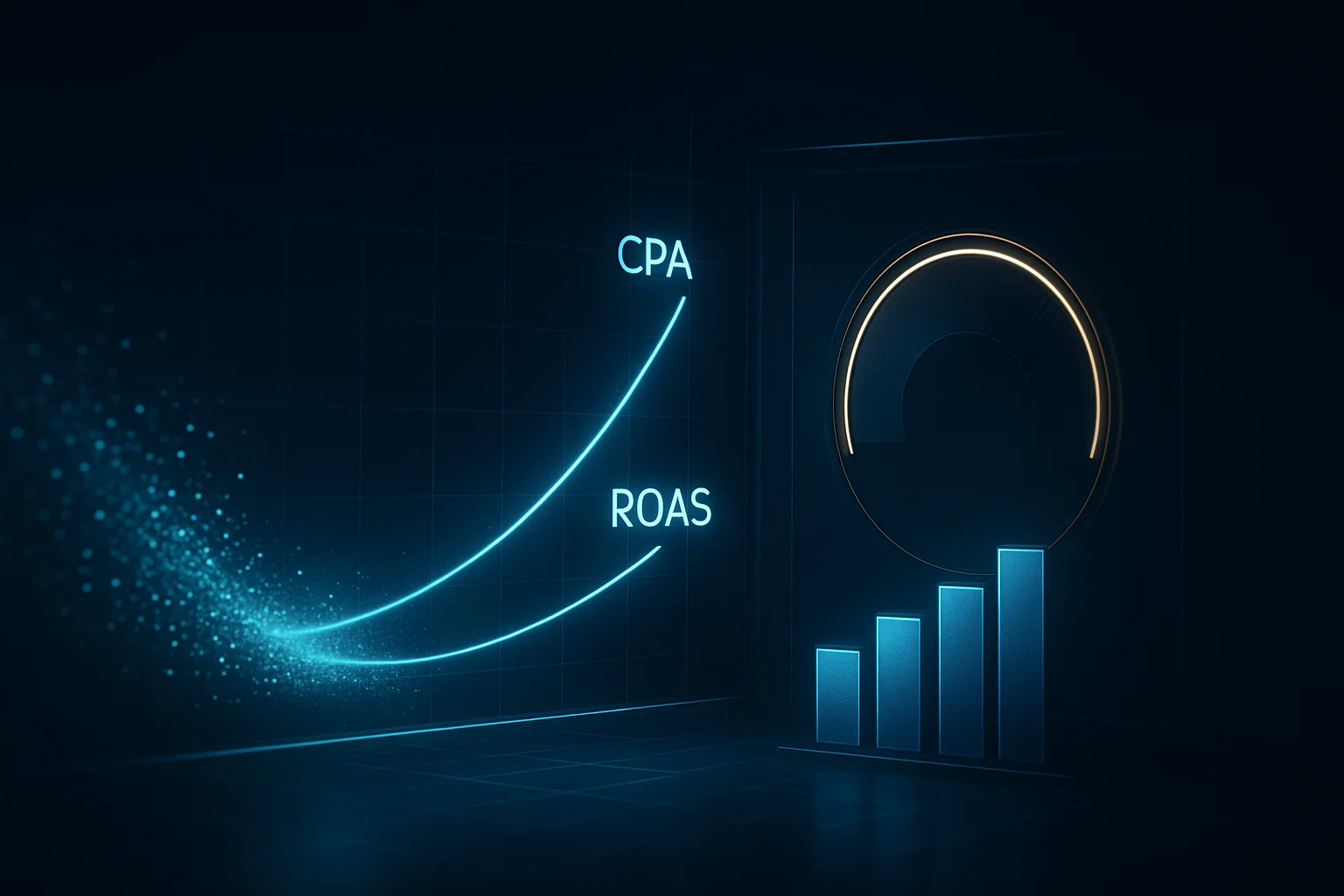Visualisation abstraite de l’audit des cibles CPA et ROAS, entre volume de trafic, coût d’acquisition et rentabilité publicitaire.