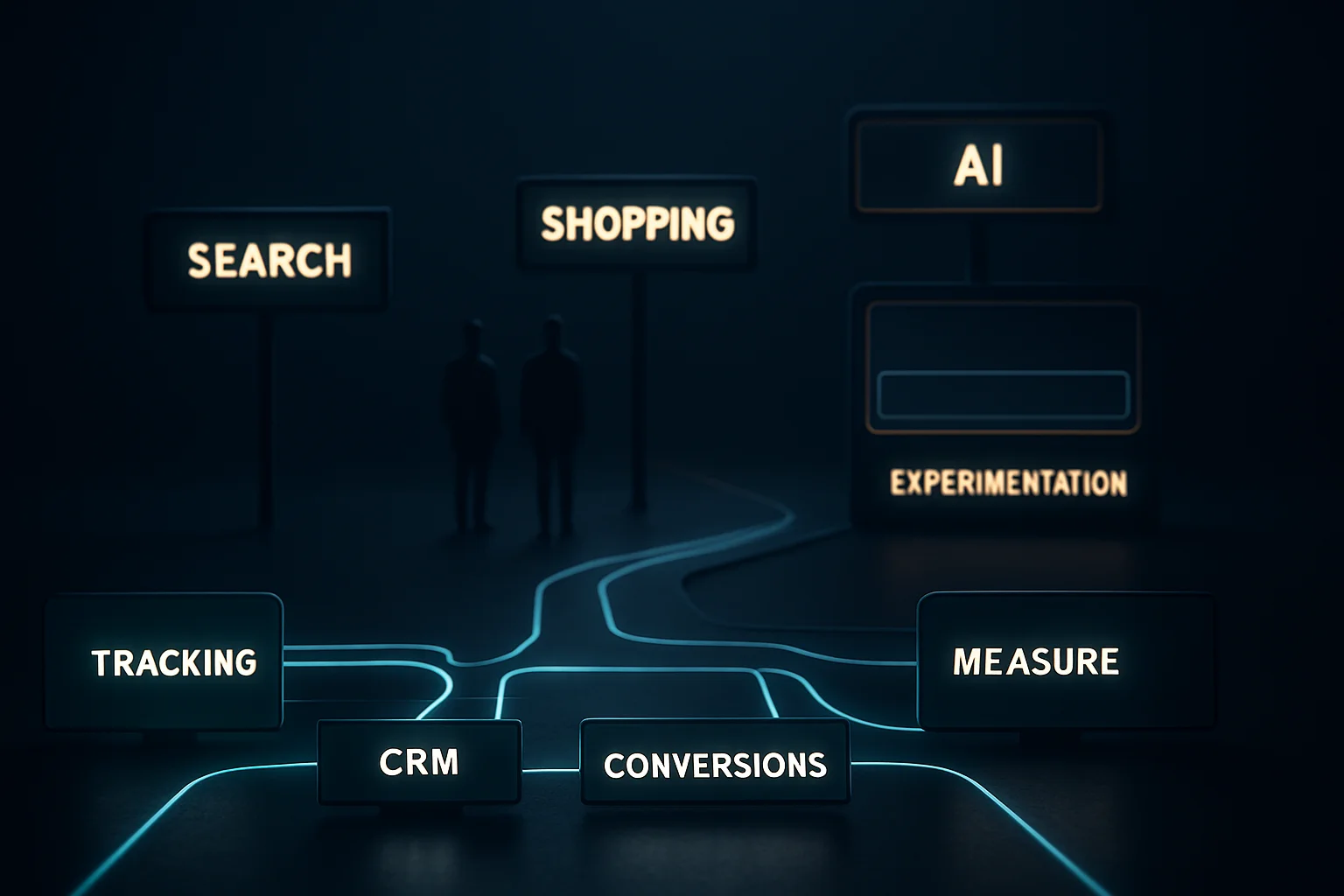 Infrastructure abstraite de mesure et de test reliant tracking, CRM et conversions avant l’arrivée des publicités dans la recherche IA en France.
