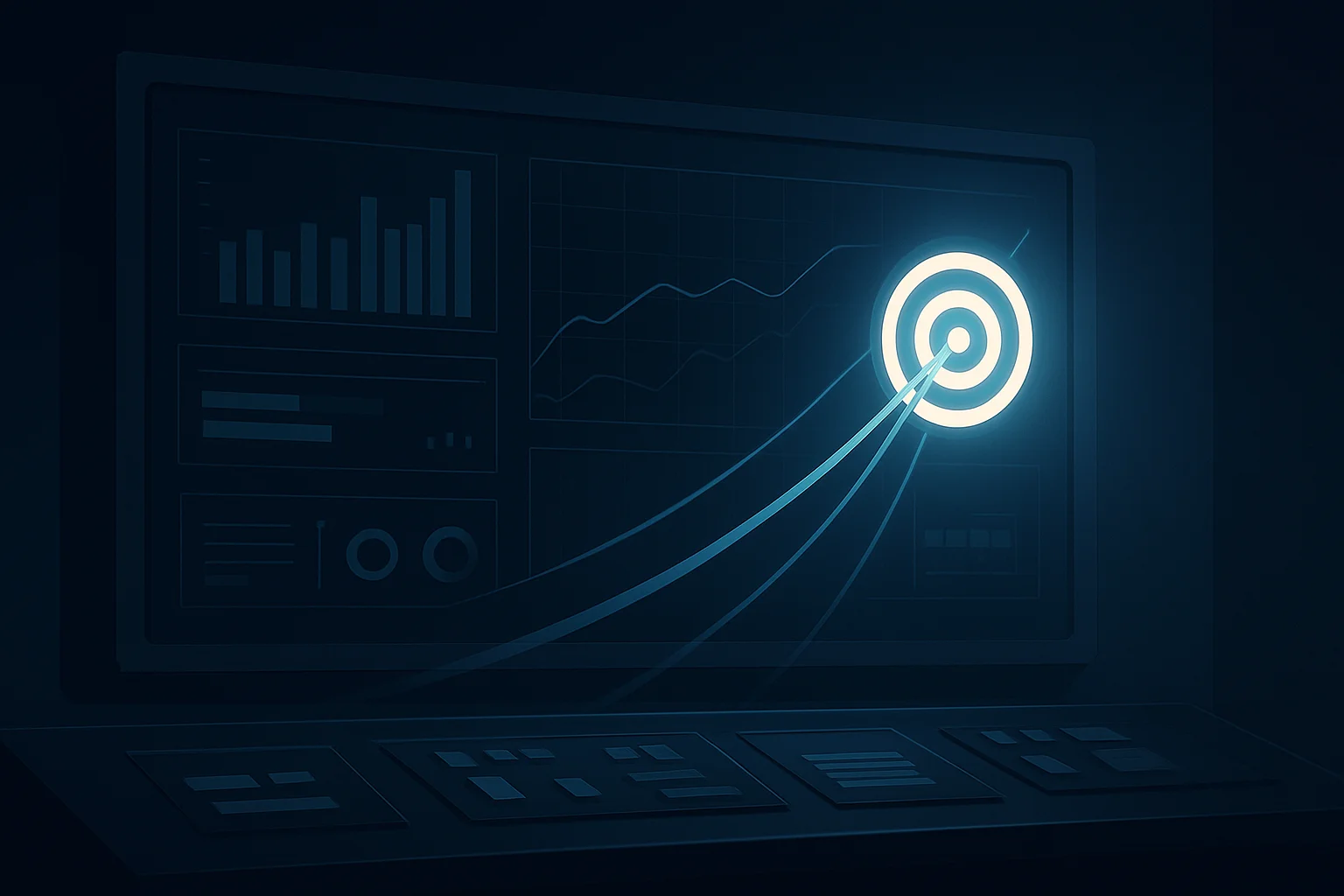 Visualisation abstraite d'un tableau de bord d'optimisation publicitaire montrant des indicateurs convergeant vers une cible de performance.