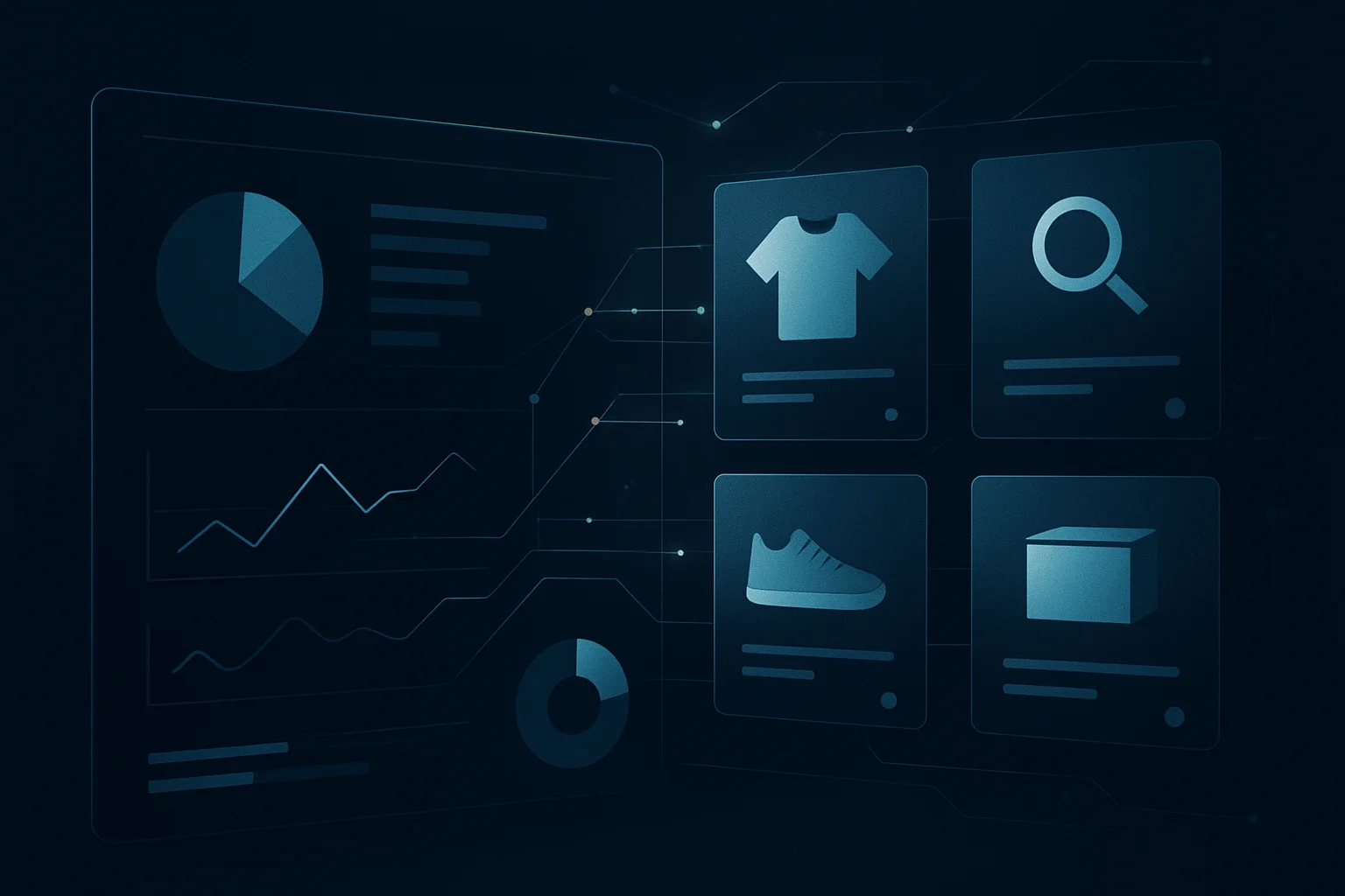 Illustration d'un tableau de bord abstrait mesurant la visibilité de produits dans des expériences de recherche basées sur l'intelligence artificielle.