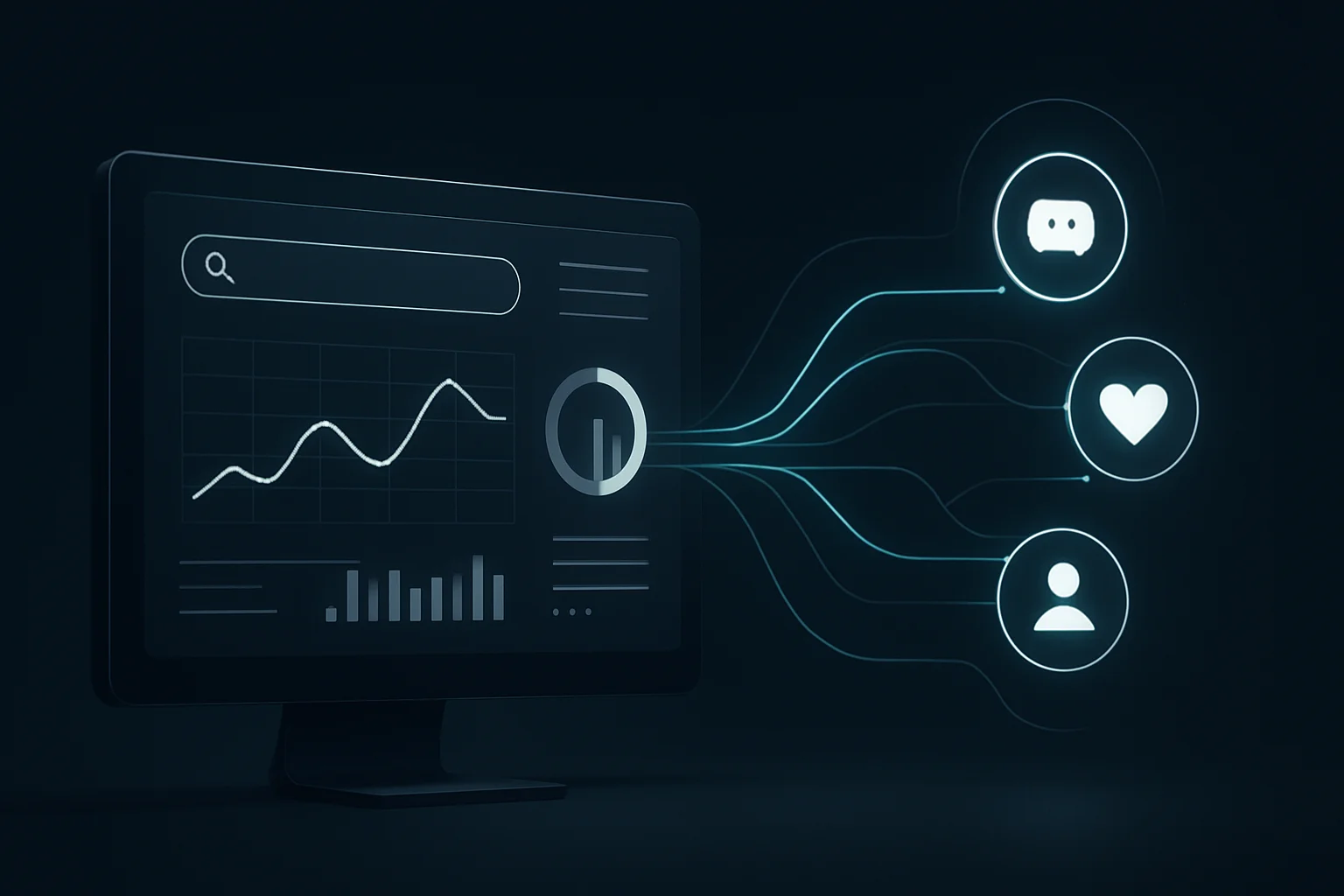 Illustration éditoriale représentant la convergence entre les données de recherche Google et les contenus des réseaux sociaux dans un environnement d'analyse stratégique.
