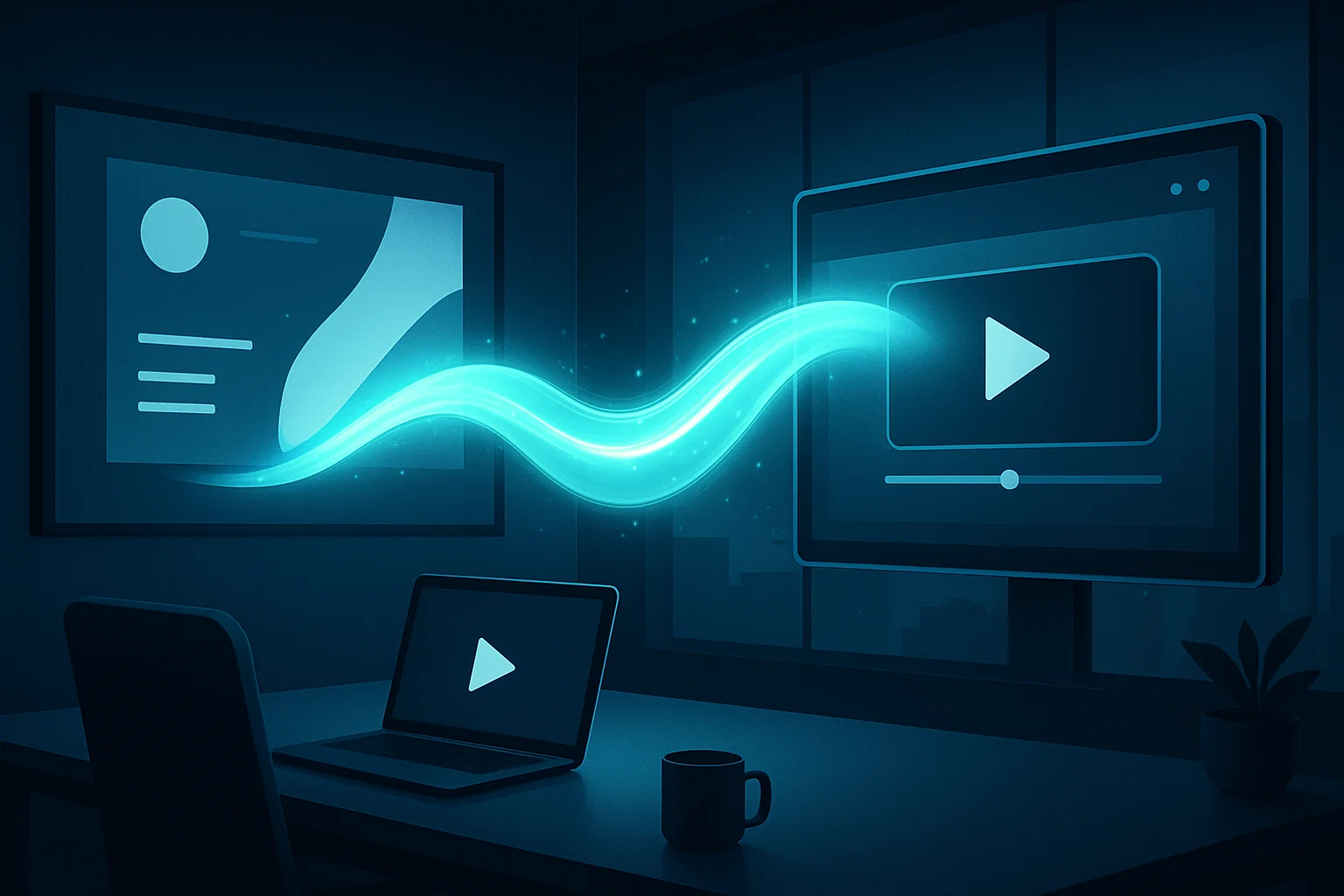 Illustration d'une présentation numérique se transformant en contenu vidéo automatisé dans un environnement de travail professionnel.