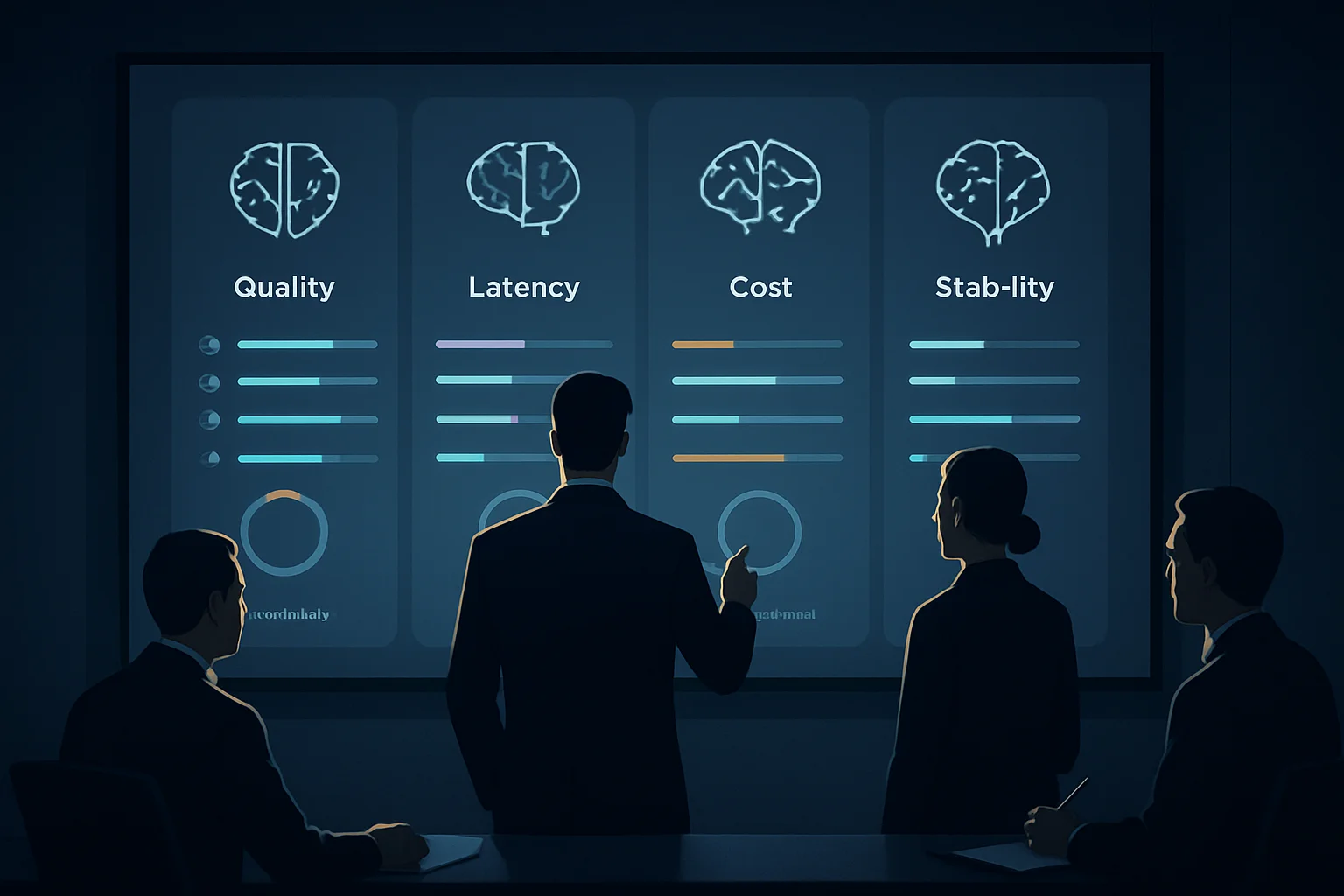 Équipe analysant un tableau de bord comparatif de modèles d'intelligence artificielle pour évaluer qualité, coût, latence et stabilité avant une migration.