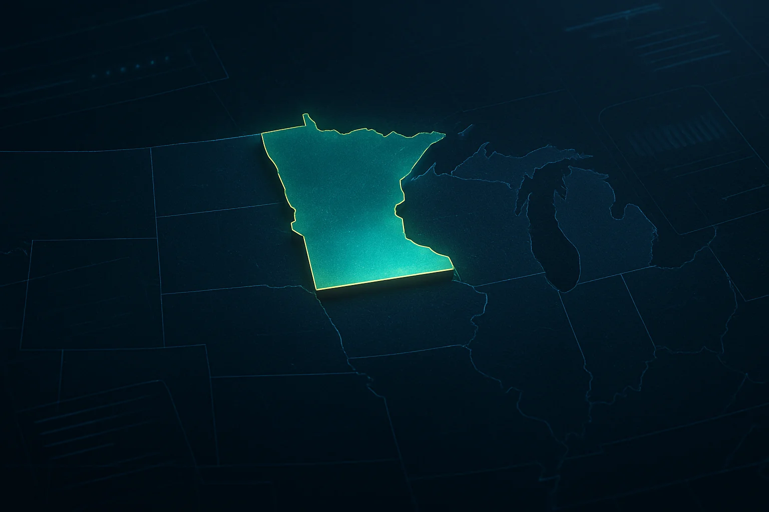 Carte abstraite des États-Unis mettant en évidence le Minnesota au cœur d’un dispositif de conformité pour les IA génératives