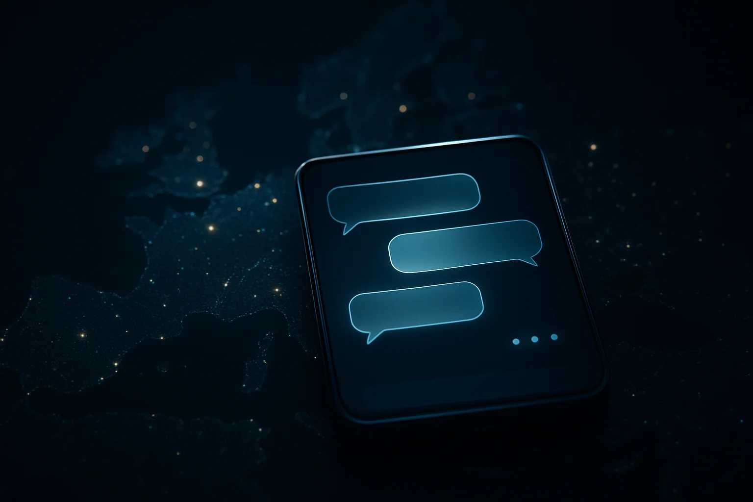 Interface conversationnelle abstraite reliée à une carte de l’Europe, évoquant la surveillance d’un possible futur canal publicitaire dans ChatGPT.