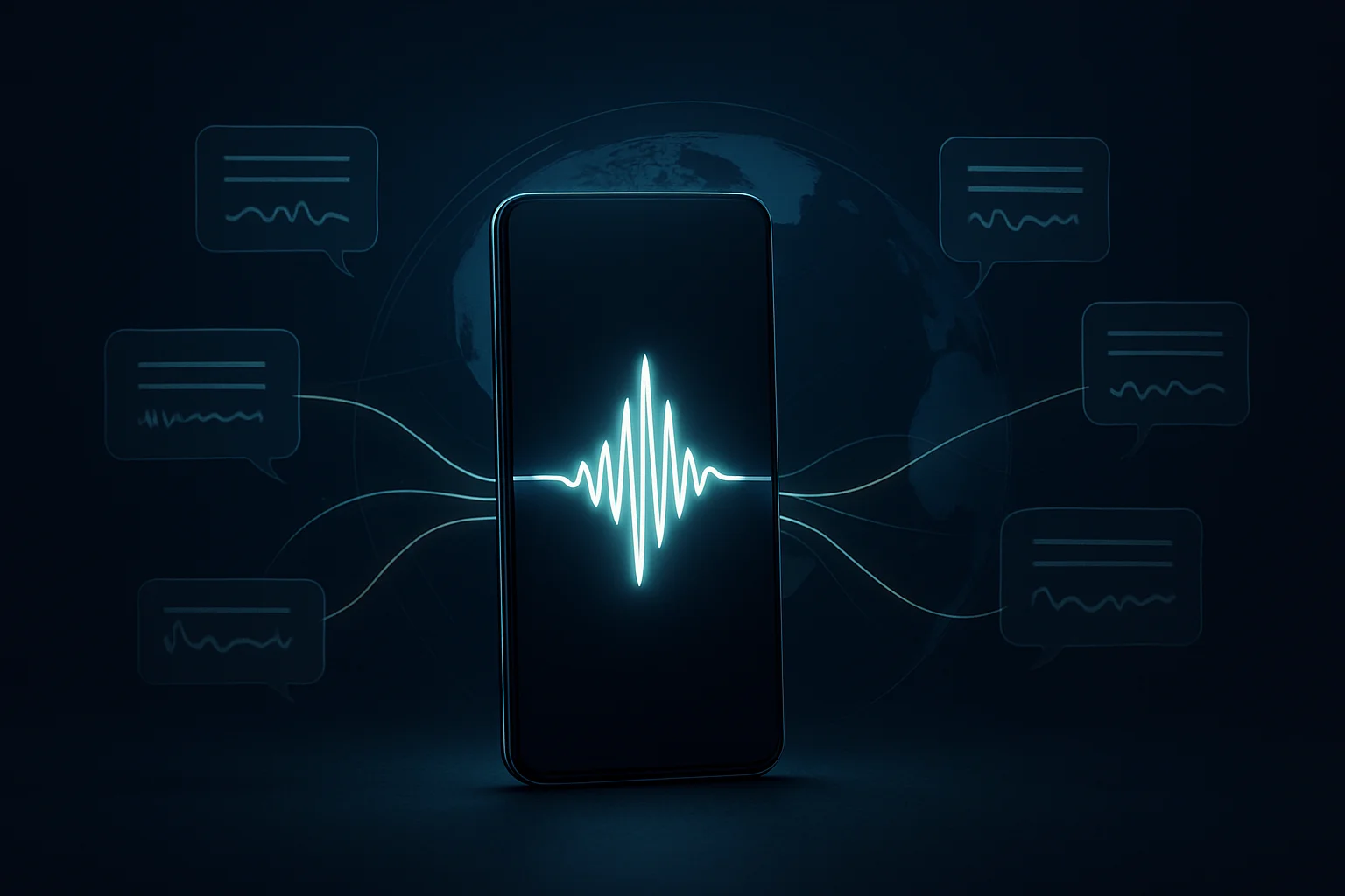 Un smartphone abstrait diffuse des flux audio et de sous-titres vers un globe, symbolisant la traduction IA des Reels et ses enjeux de localisation internationale.