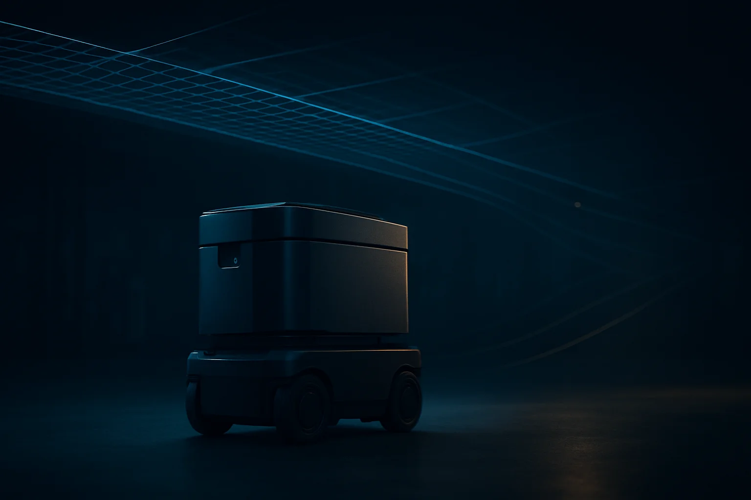 Robot mobile industriel dans une usine américaine, sous une trame lumineuse évoquant le risque FCC et les choix de fournisseurs.