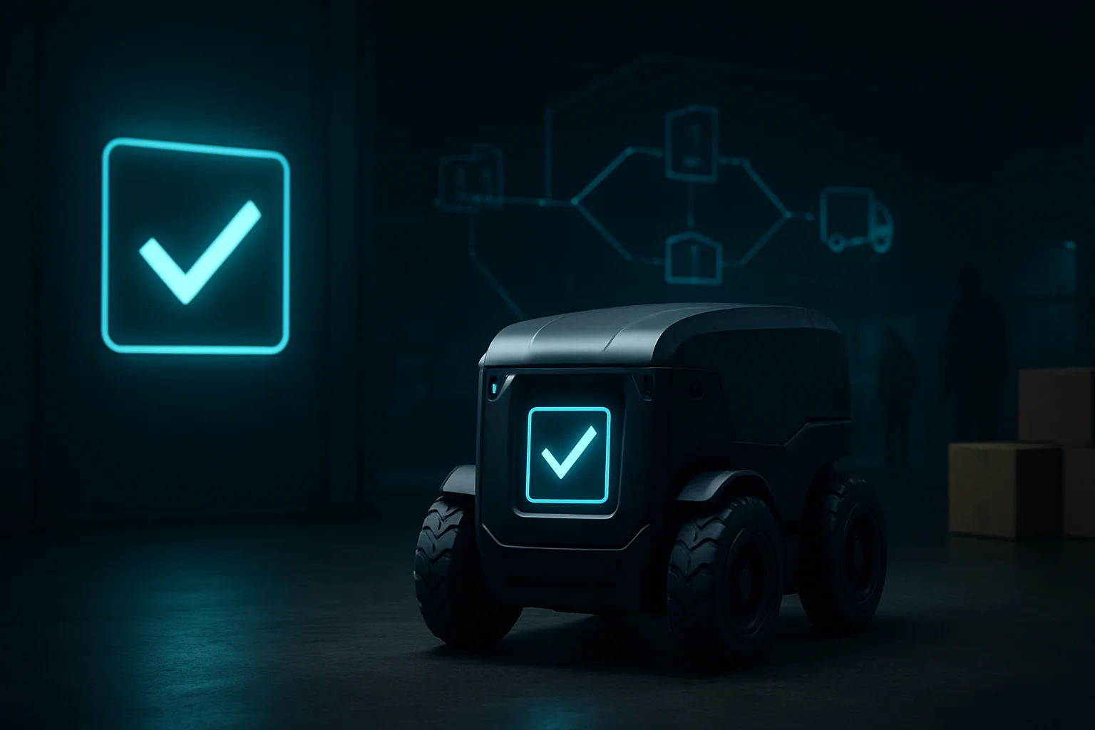 Robot mobile industriel devant un contrôle réglementaire, symbolisant le risque de sourcing et d’accès au marché américain.