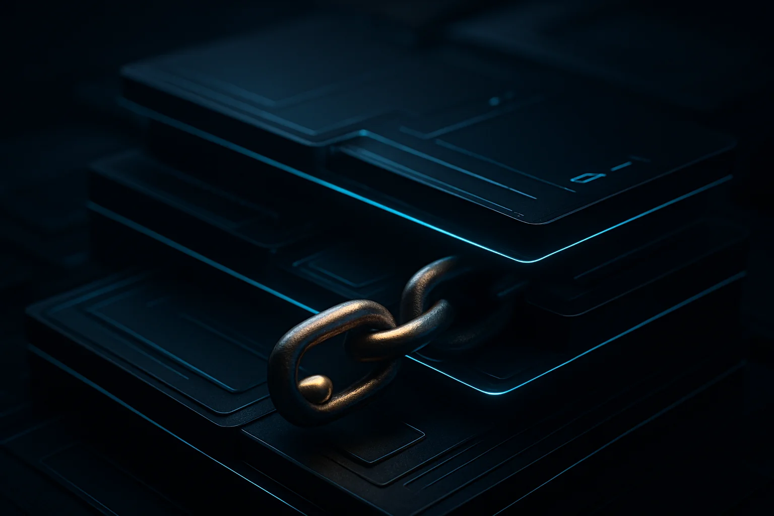 Chaîne de confiance informatique abstraite montrant un ancien maillon révoqué au sein d’un environnement Secure Boot et firmware.