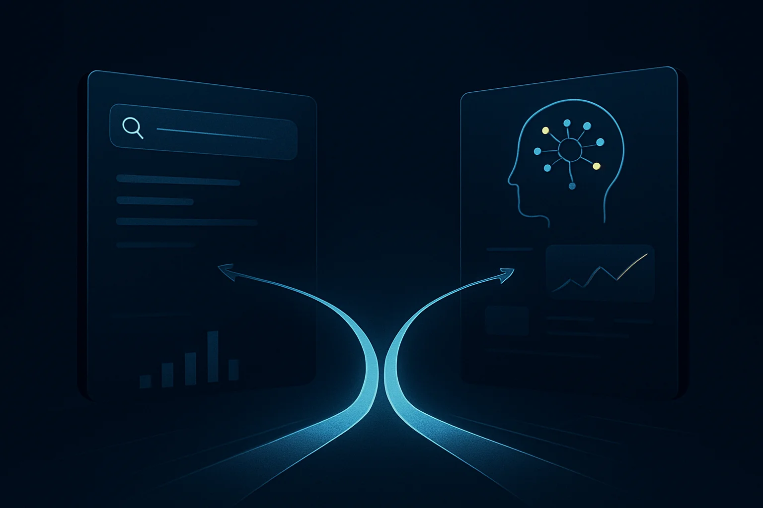 Illustration d’un flux de visibilité numérique se répartissant entre un moteur de recherche et des interfaces d’intelligence artificielle dans un univers business premium.