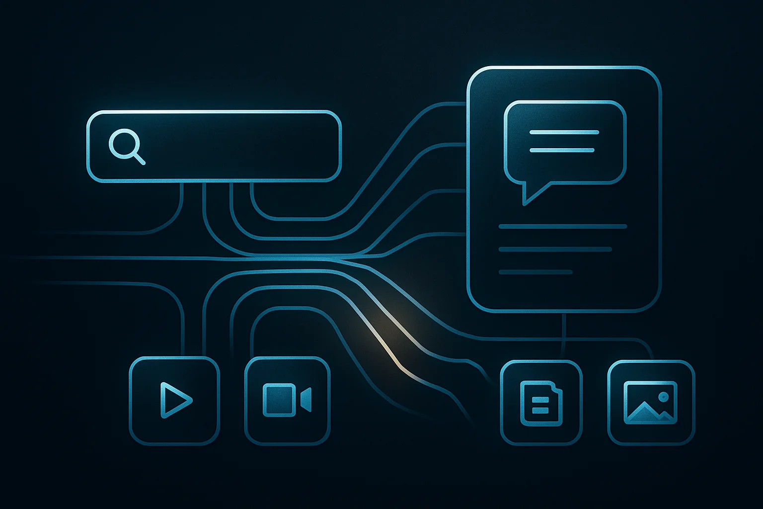 Illustration abstraite montrant des parcours de recherche qui se redistribuent entre un moteur de recherche et une interface conversationnelle vers des sites spécialisés.
