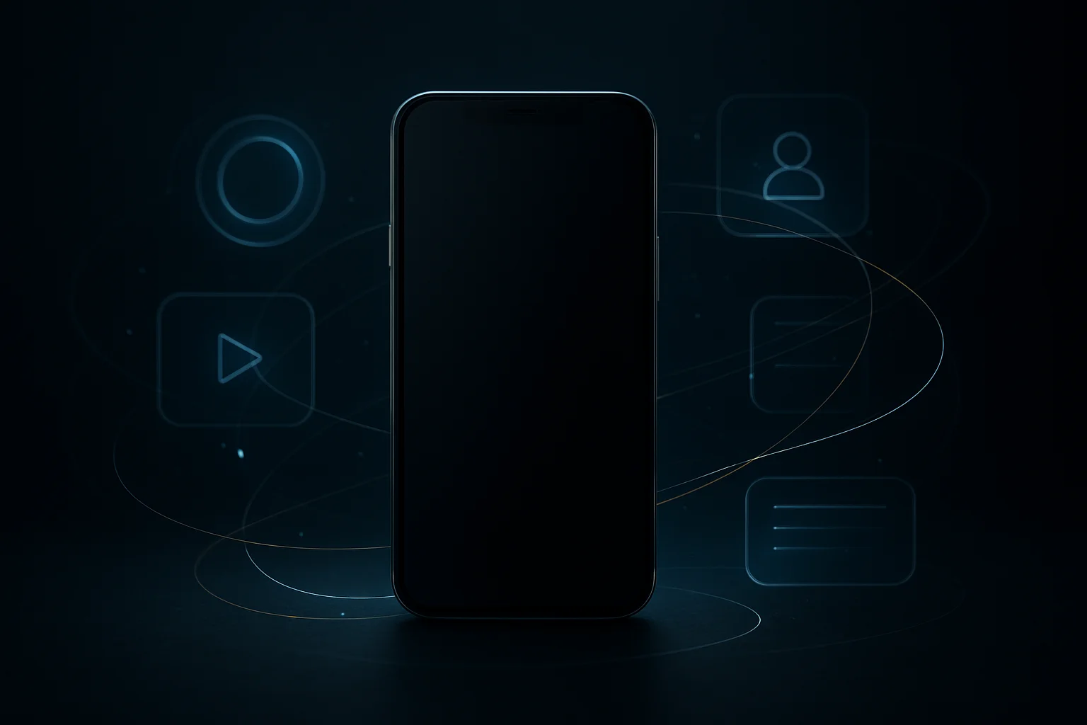 Smartphone abstrait relié à des contenus et applications par des flux lumineux, illustrant les tests de Siri IA et l’observation des parcours utilisateurs.