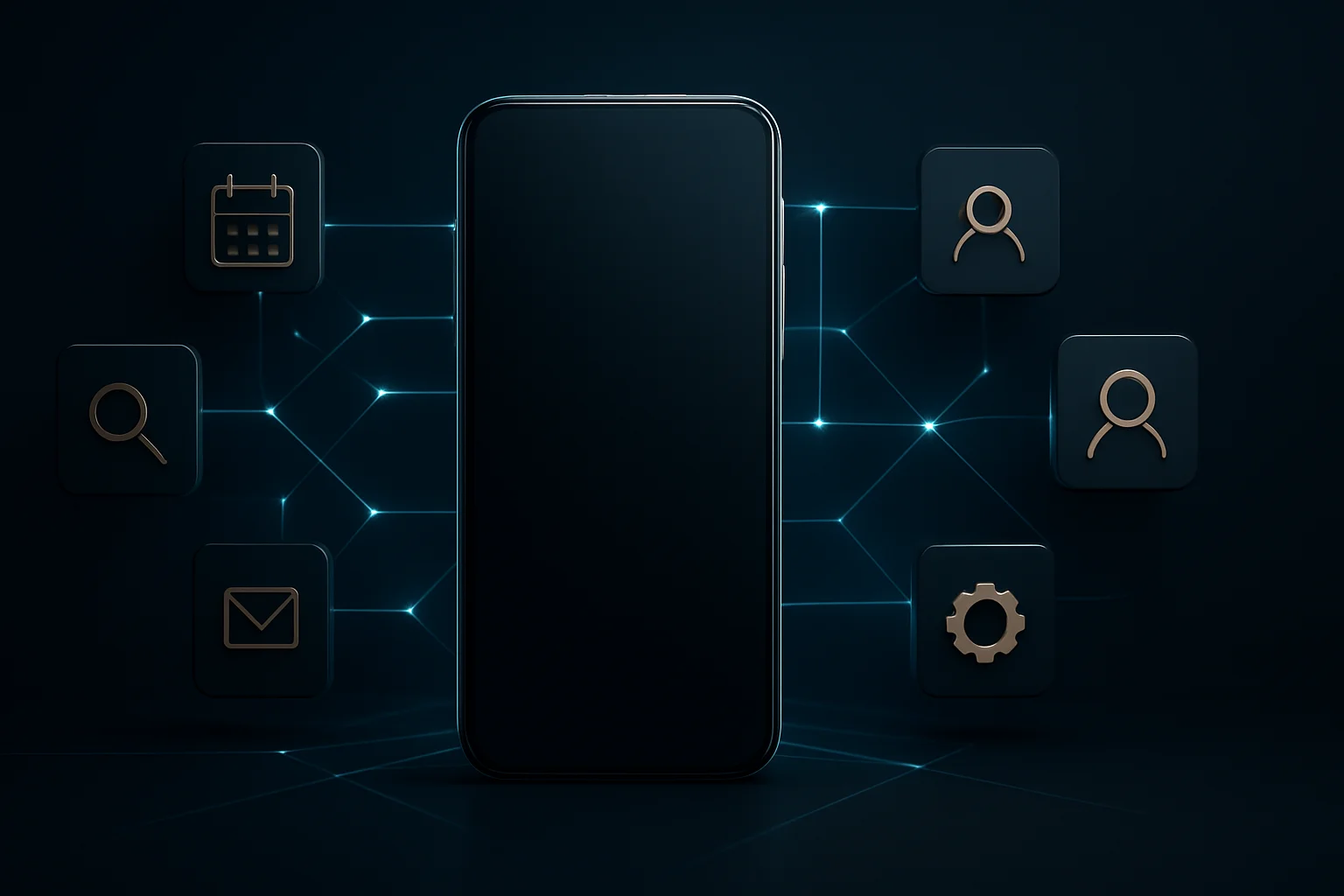 Smartphone générique relié à plusieurs modules d’applications par un réseau lumineux symbolisant les nouveaux parcours pilotés par Siri.