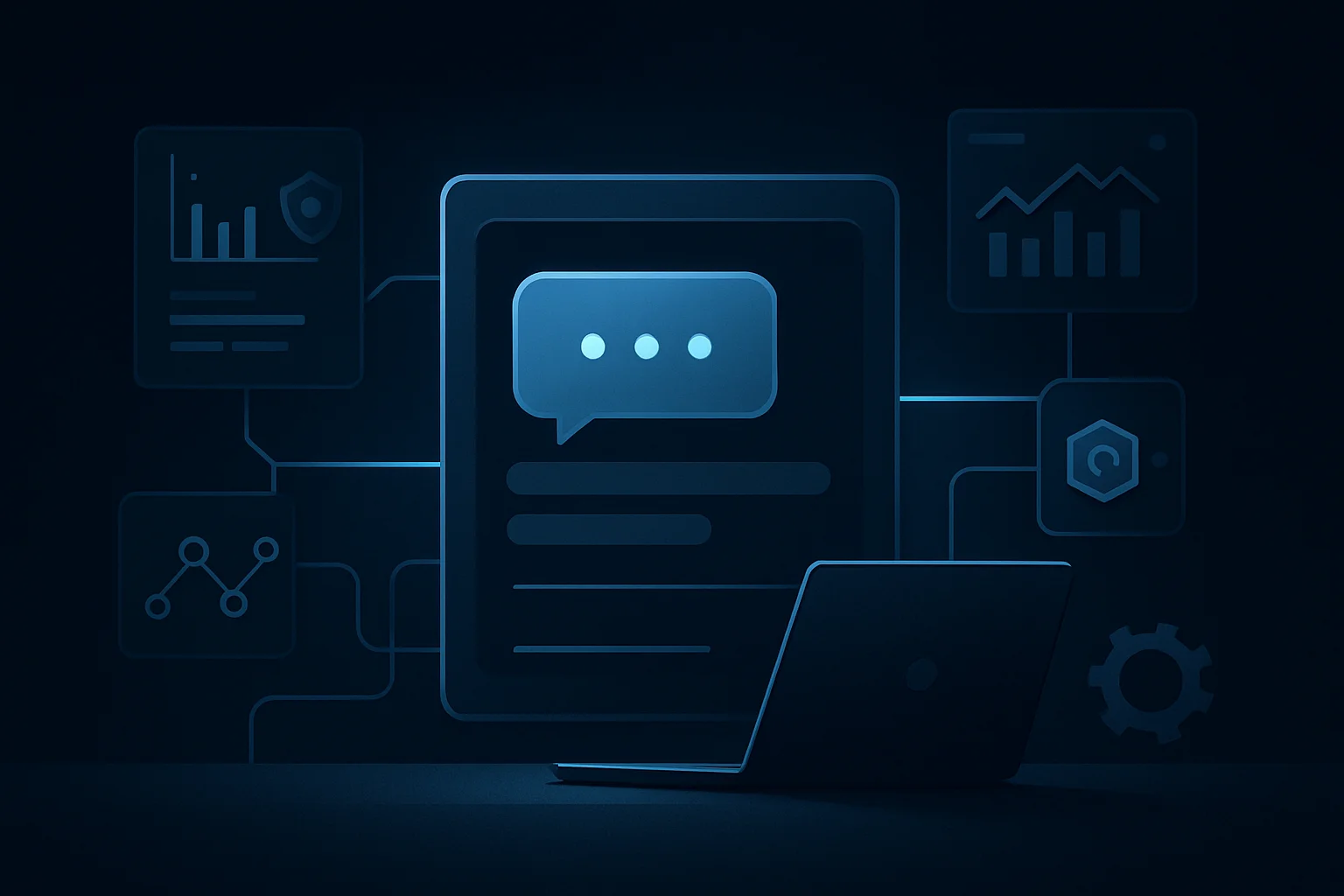 Illustration d'une interface de conversation orchestrant des workflows métier et des flux de données dans un environnement professionnel sécurisé.