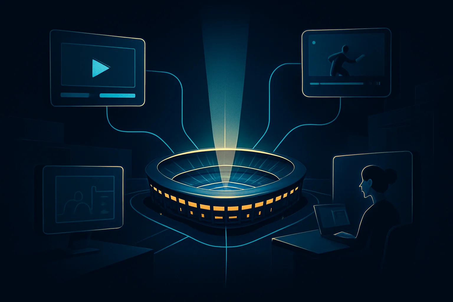Illustration d'un grand événement sportif connecté à plusieurs canaux de diffusion officiels représentés par des studios de créateurs et des flux numériques.